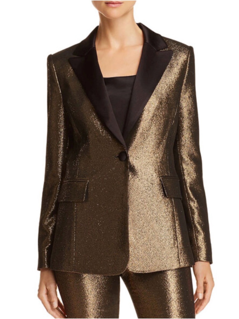 Alice + Olivia Metallic Gold Single-Button Blazer with Satin Lapels